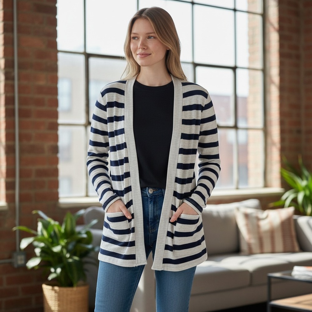 Poof Womens Navy Blue White Striped Open Front Cardigan Long Sleeve Pockets